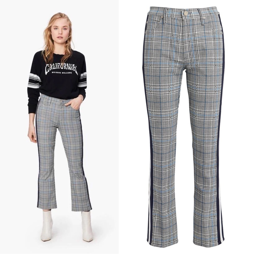 MOTHER • The Insider Ankle Pant cropped grey herringbone plaid racing stripe